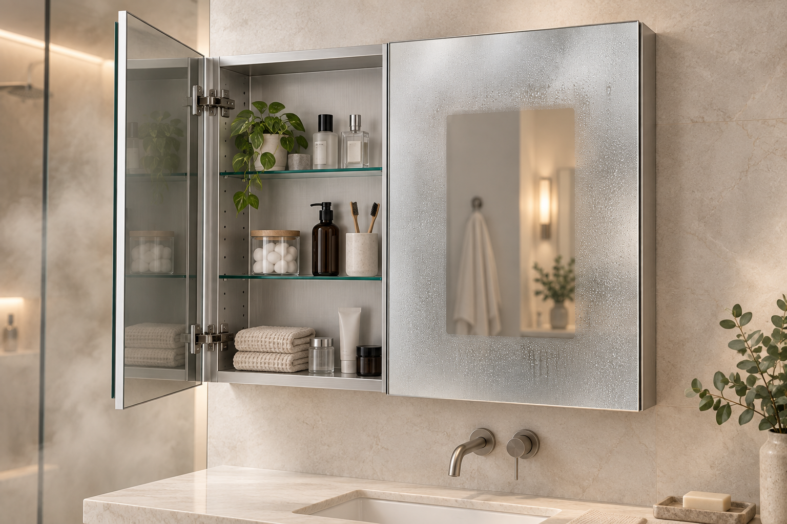 Realistic anti-fog mirrored medicine cabinet with an open storage door and a clear heated viewing area on the fogged mirror