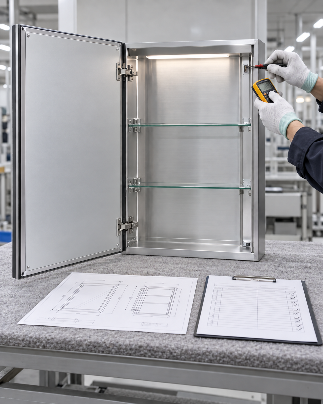 Gloved inspector testing a concealed service connector in a finished open mirrored medicine cabinet against a technical drawing and inspection checklist