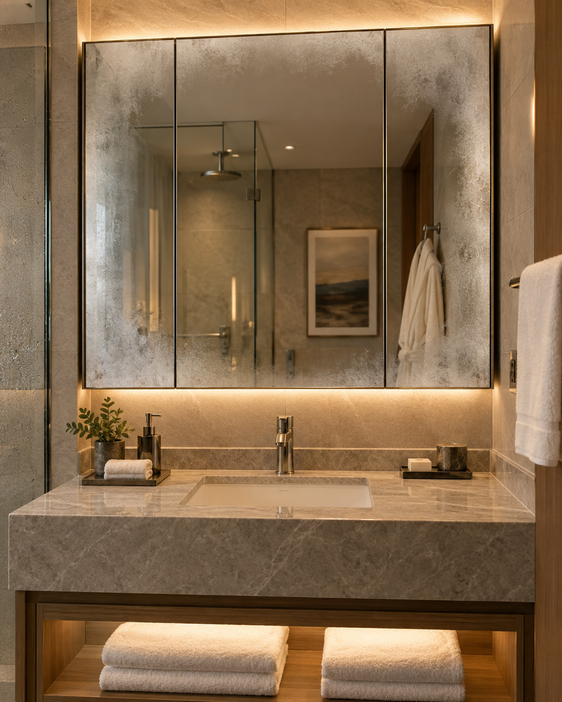Anti-fog mirrored medicine cabinet in an upscale hotel guest bathroom