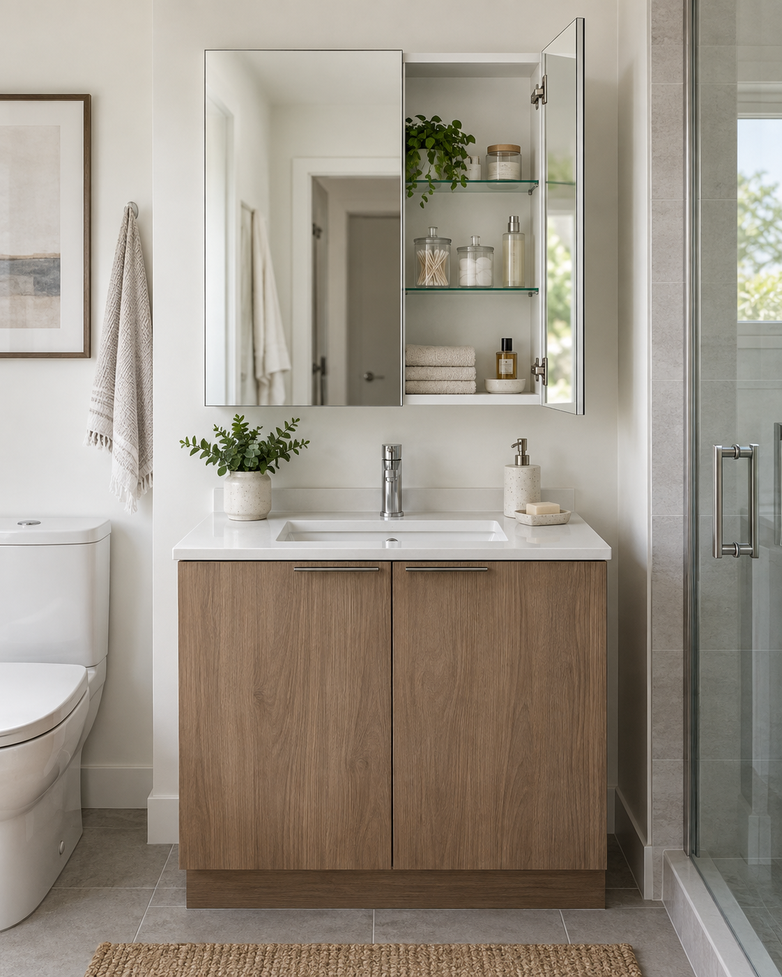 Double-door mirrored medicine cabinet in a contemporary apartment bathroom
