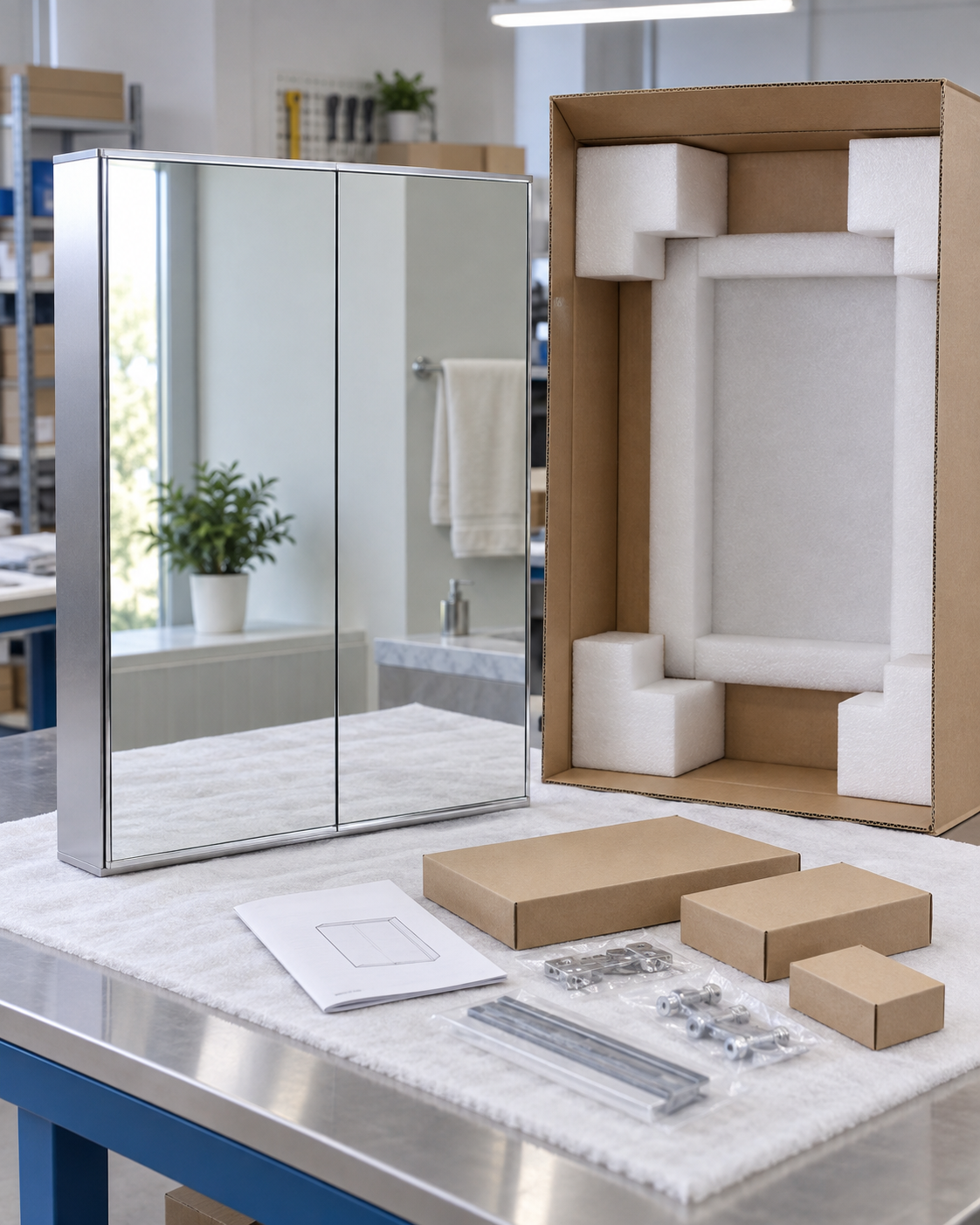 Mirrored medicine cabinet with protective packaging and accessories at an approval station