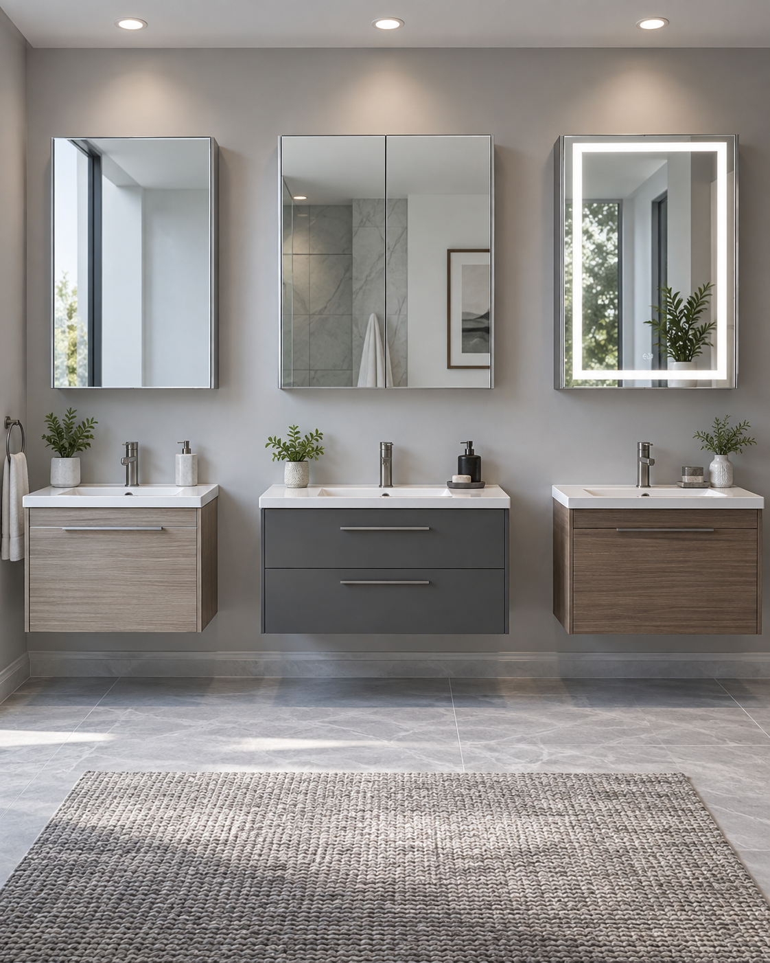 Showroom collection of single-door double-door and lighted mirrored medicine cabinets
