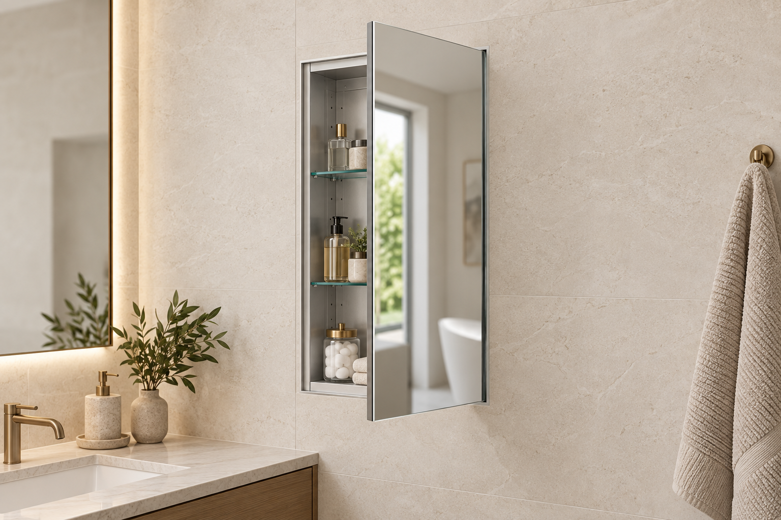Recessed mirrored medicine cabinet with the aluminum body installed inside the bathroom wall opening