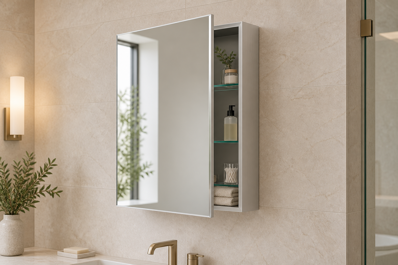 Surface-mounted mirrored medicine cabinet with the complete aluminum body projecting in front of the finished bathroom wall