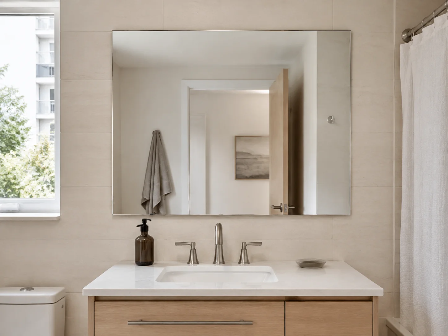 Polished-edge frameless mirror above an apartment vanity