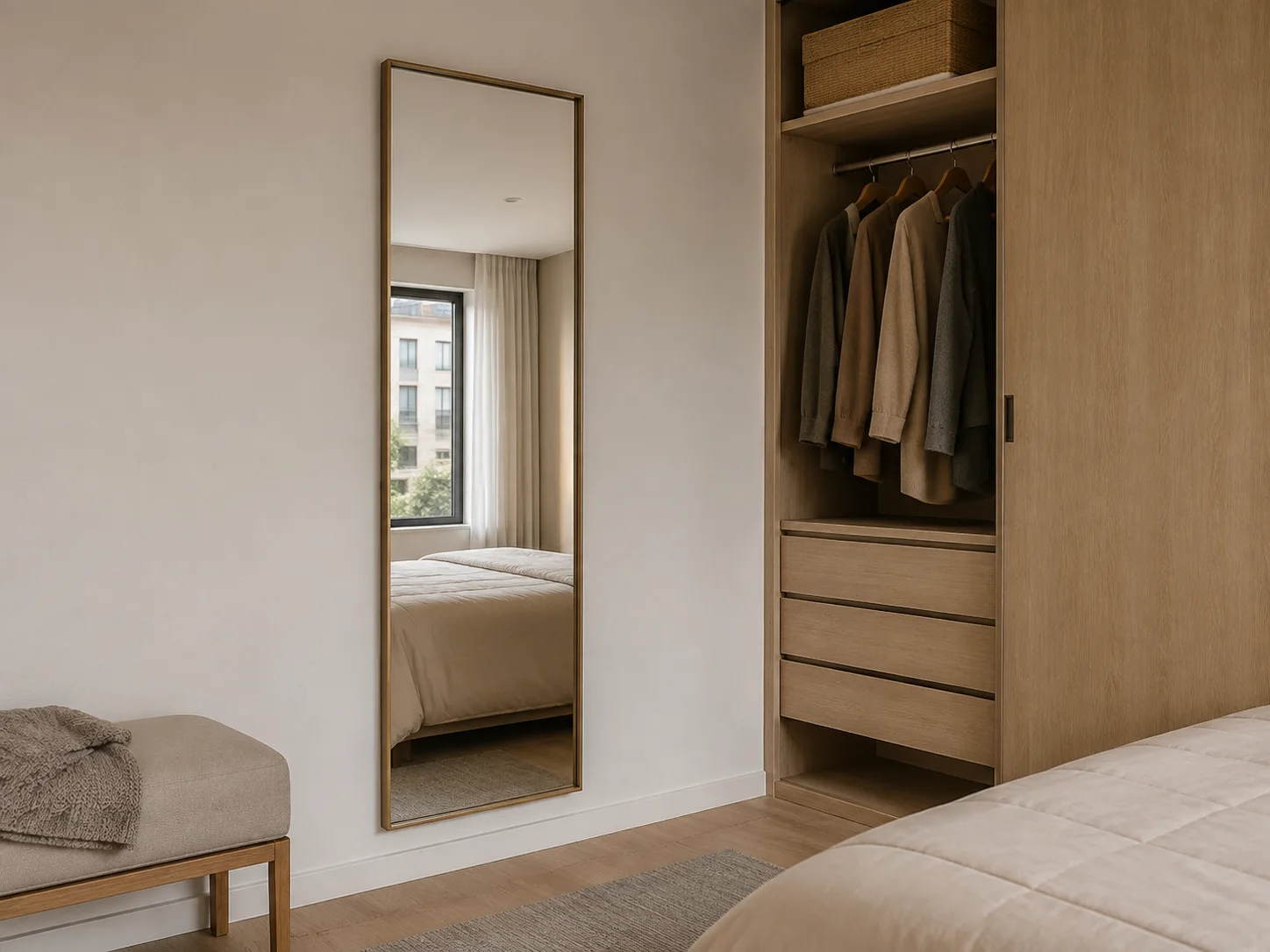 Wall-mounted full-length mirror with a slim champagne-bronze frame