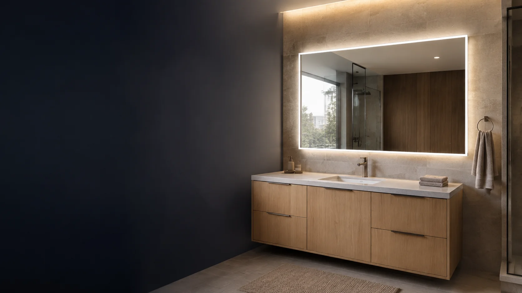 Design visualization of a large illuminated LED mirror in a modern apartment bathroom