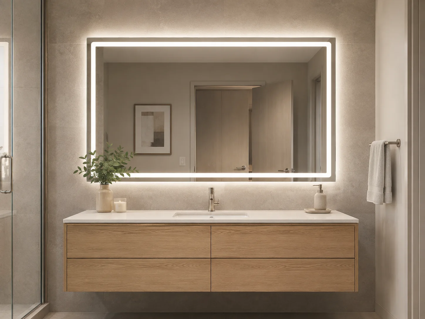 Frontlit and backlit LED bathroom mirror in a modern apartment