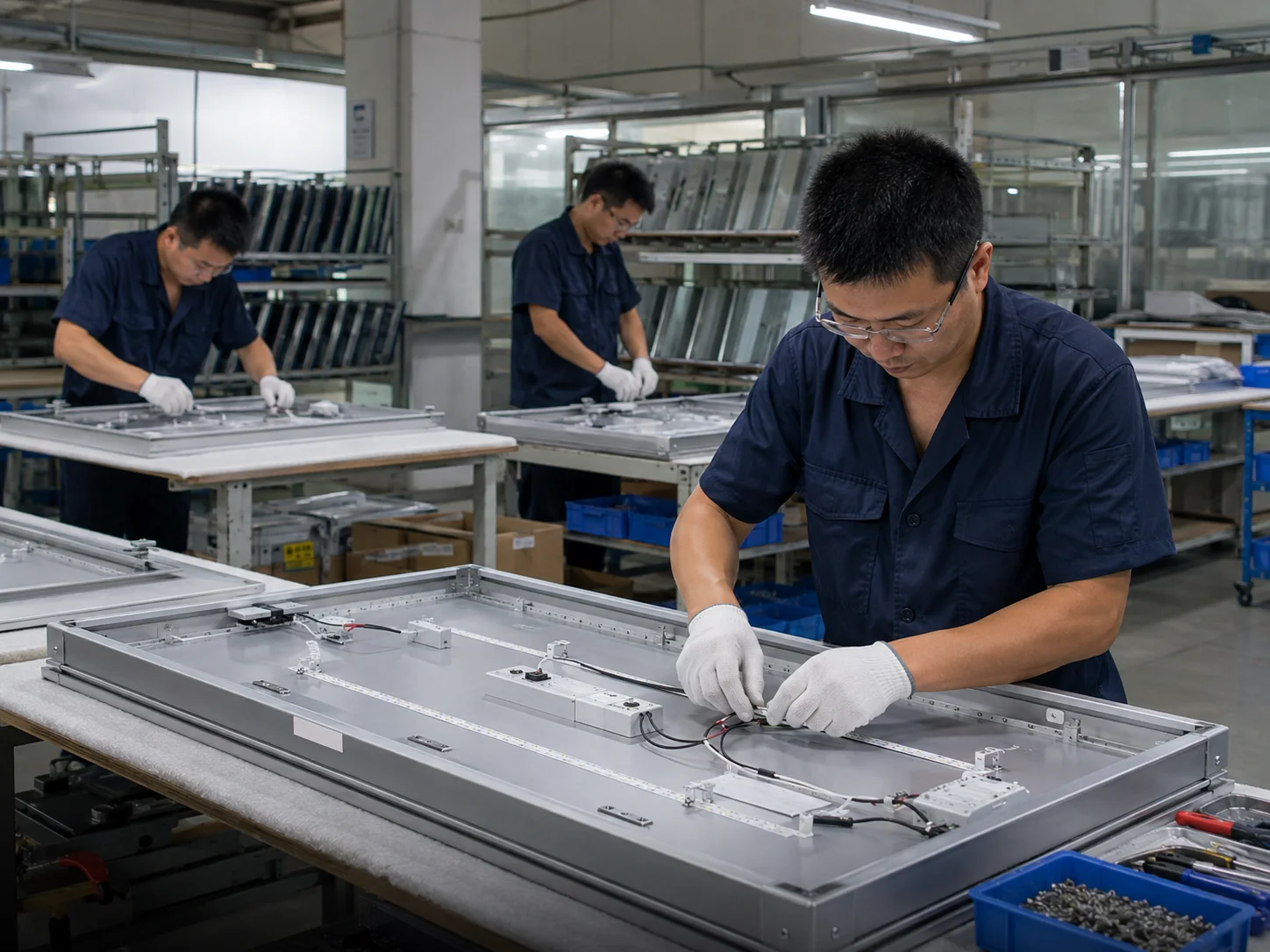 Chinese technicians assembling LED bathroom mirrors at organized production workstations