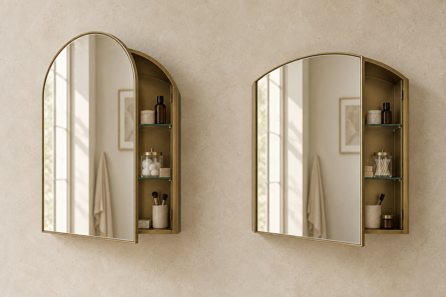 Arched mirrored cabinet profiles with mirror doors open