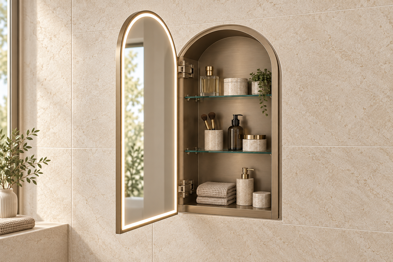 Full arched recessed medicine cabinet with matching arched cabinet body
