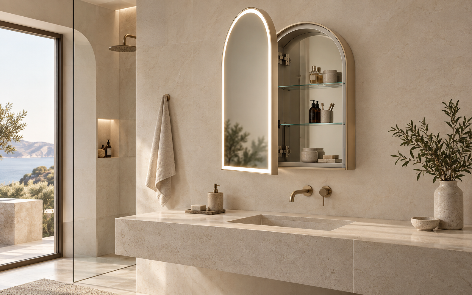 Lighted arched mirror door medicine cabinet in a bathroom