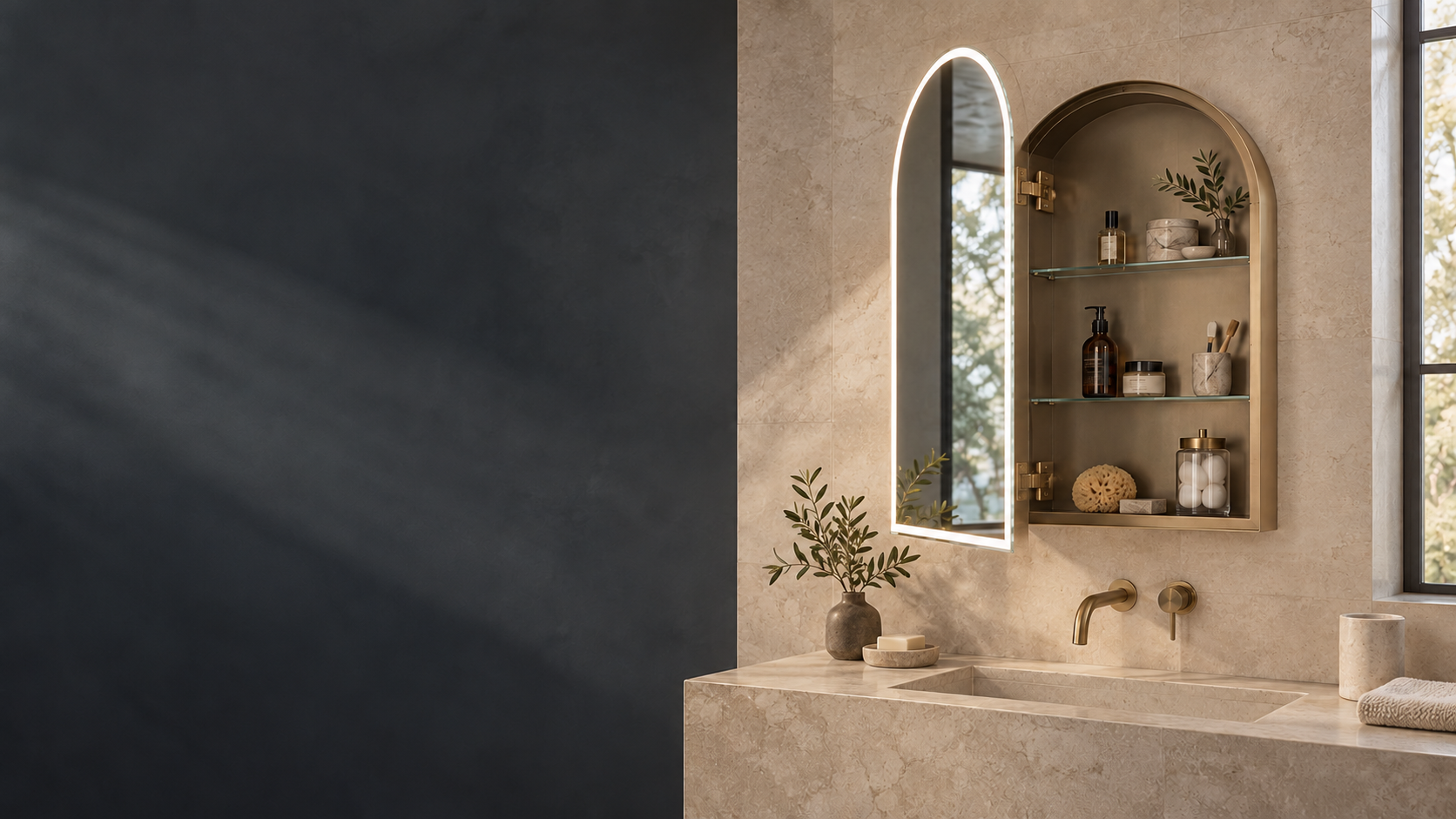 Open arched mirrored medicine cabinet positioned on the right of a wide bathroom banner with mirror-face lighting