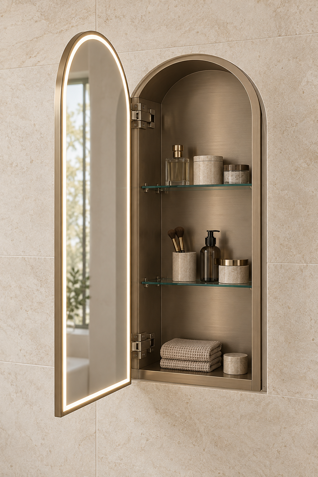 Complete recessed arched medicine cabinet with open illuminated mirror door, cabinet body, hinges and glass shelves visible