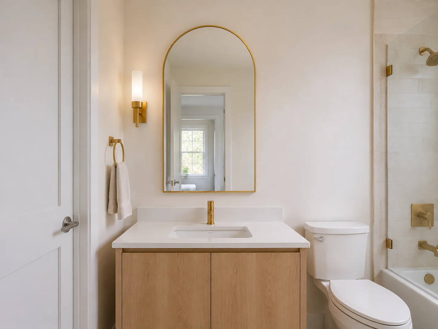 Gold framed arched mirror in a repeatable apartment bathroom