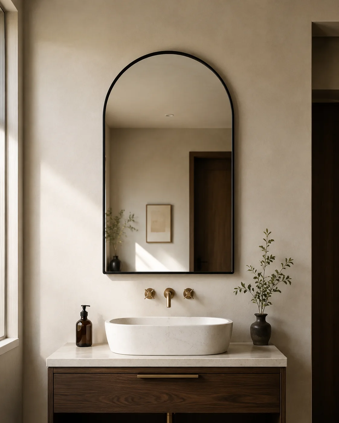 Slim matte black framed arched bathroom mirror