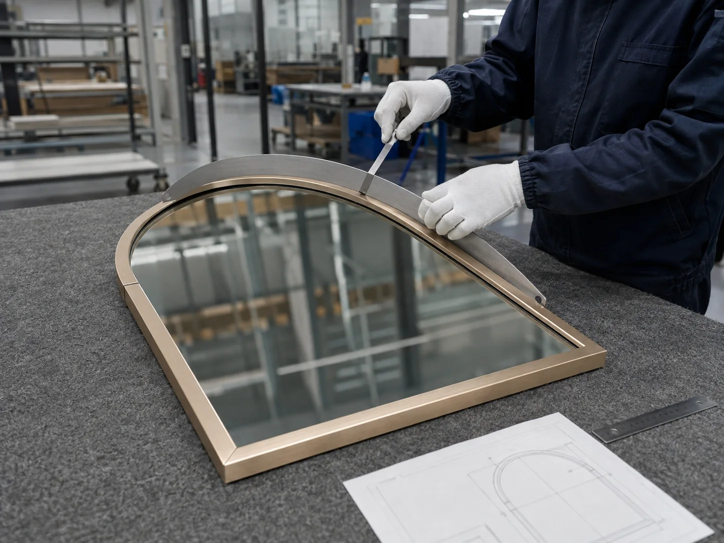 Technician inspecting an arched mirror frame joint