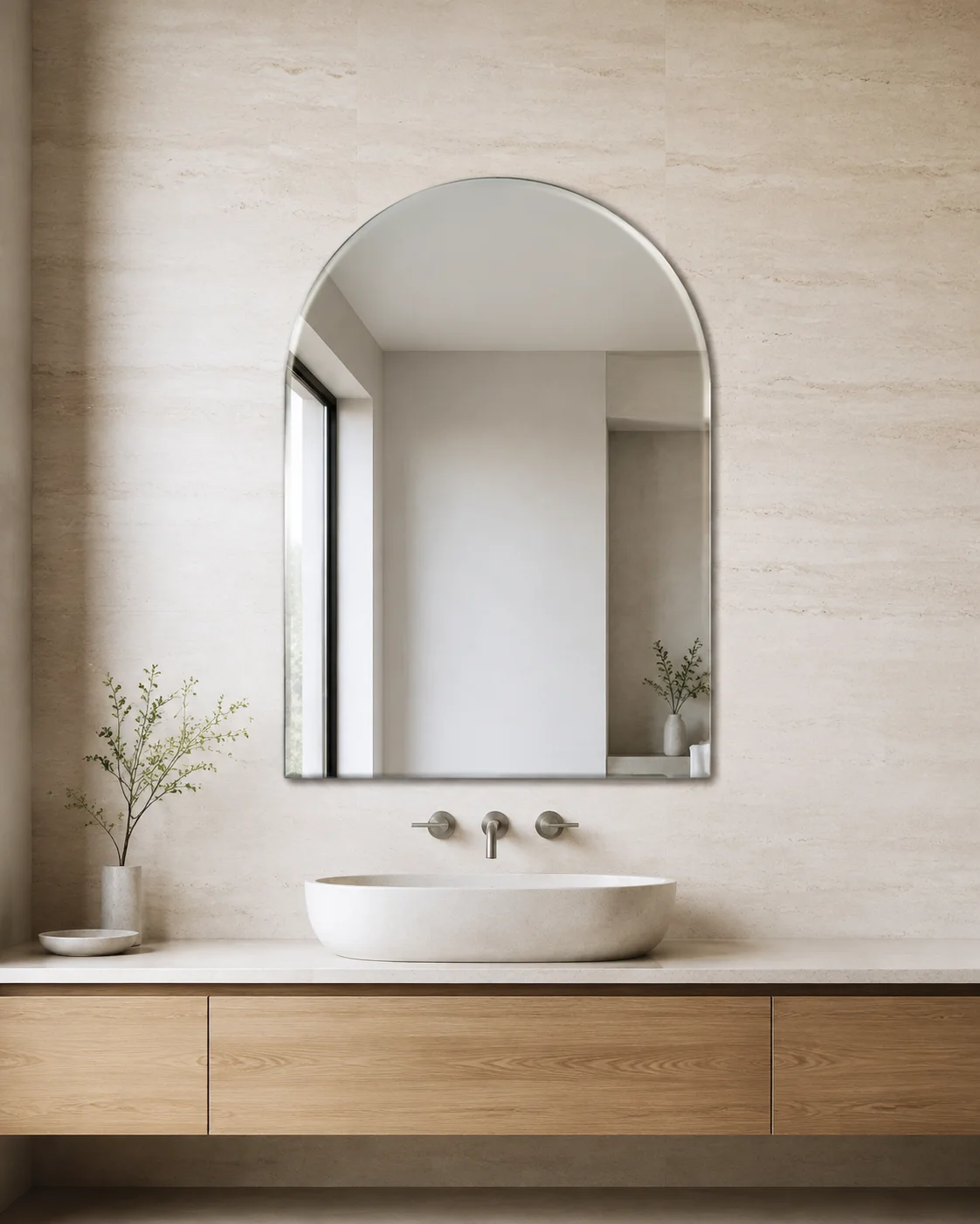 Frameless beveled arched bathroom mirror