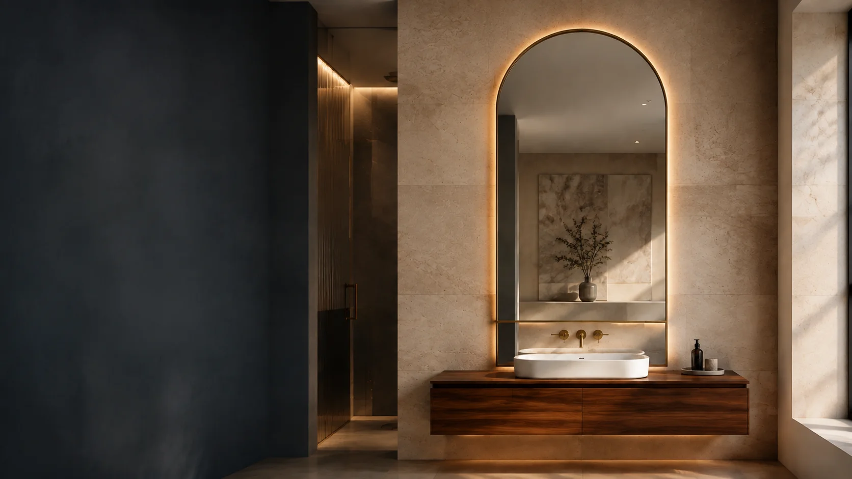 Custom backlit arched mirror in a premium hotel bathroom