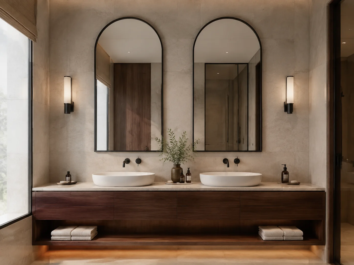 Matching arched mirrors in a hotel double vanity project