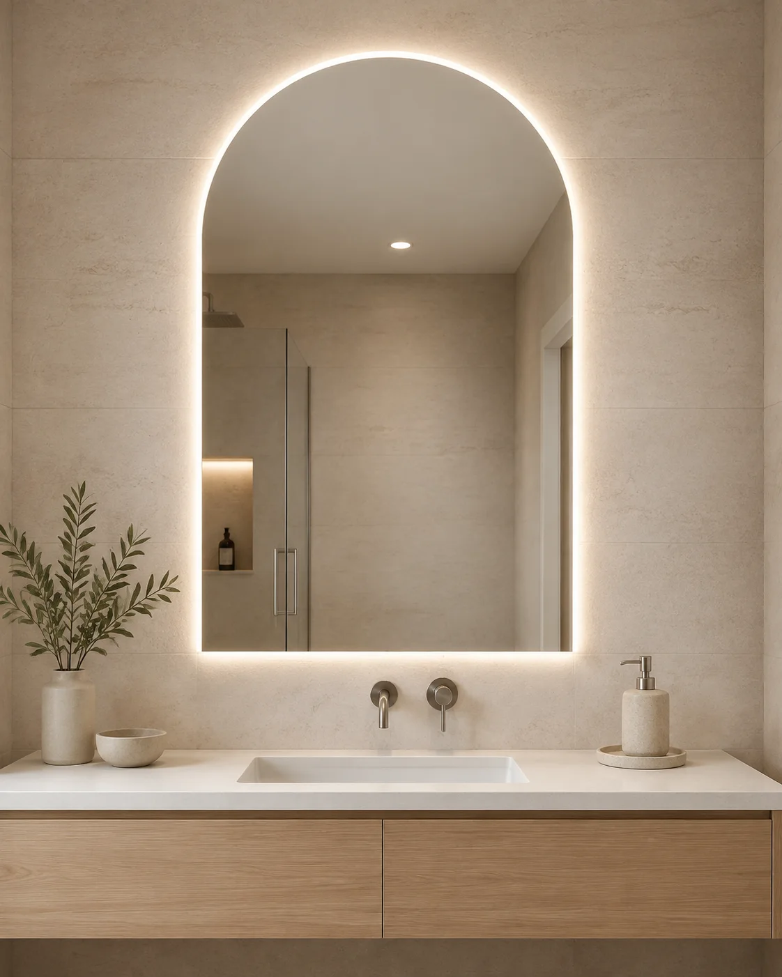 Frameless arched LED bathroom mirror with even lighting