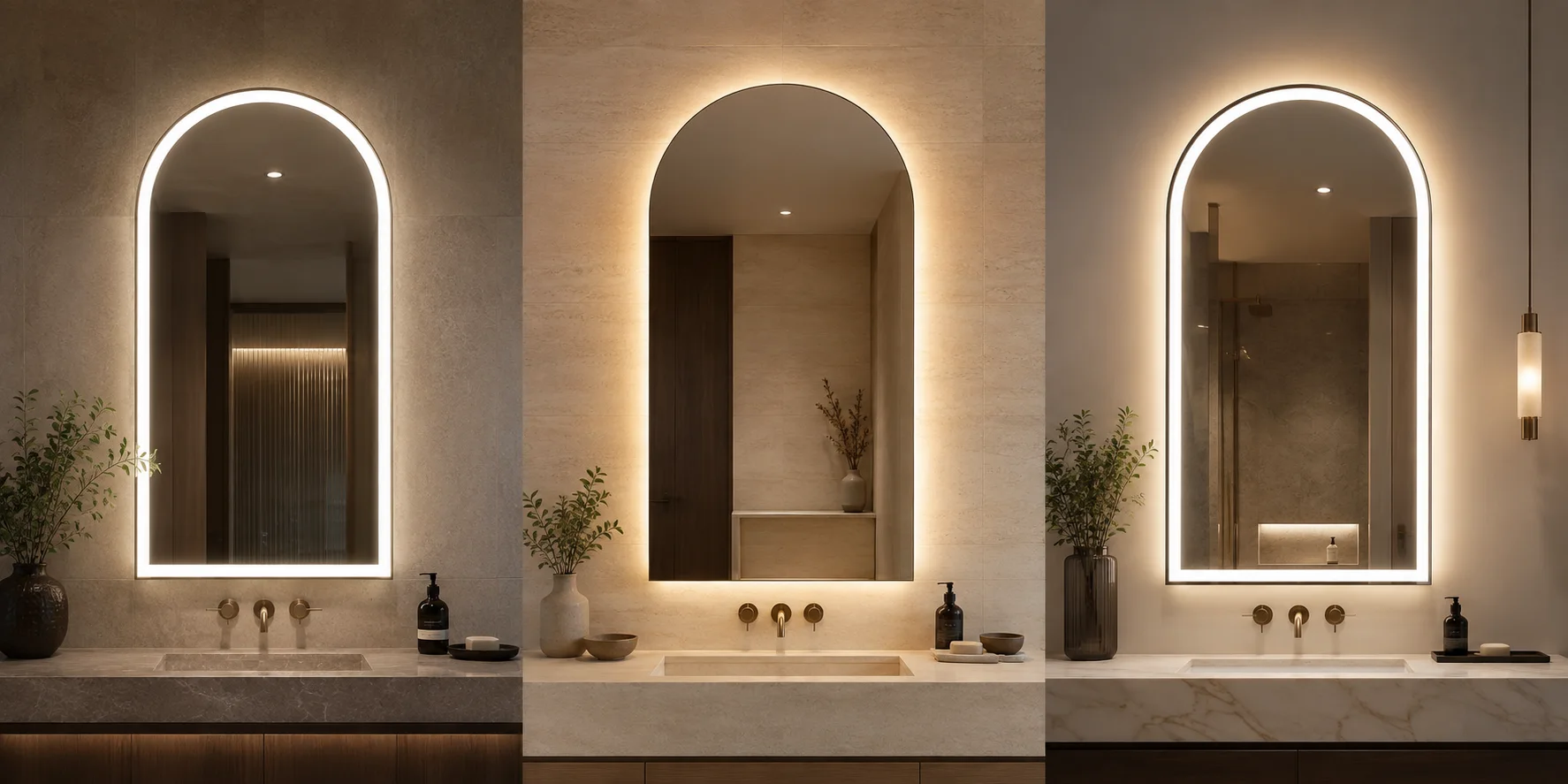 Front-lit, backlit and front-and-back-lit custom arched bathroom mirrors shown fully