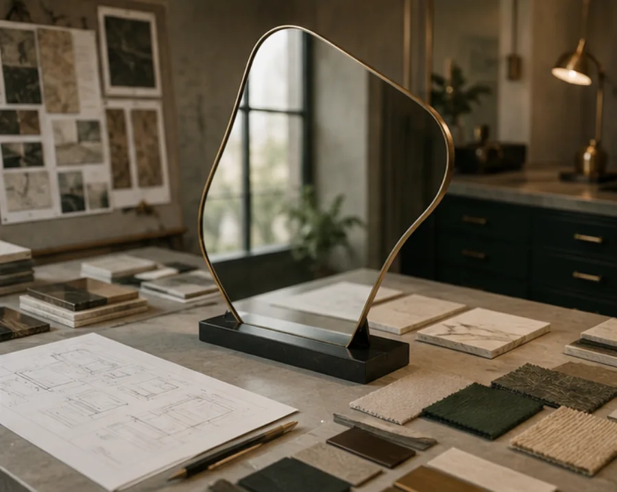 Asymmetrical mirror prototype with finish samples and drawings