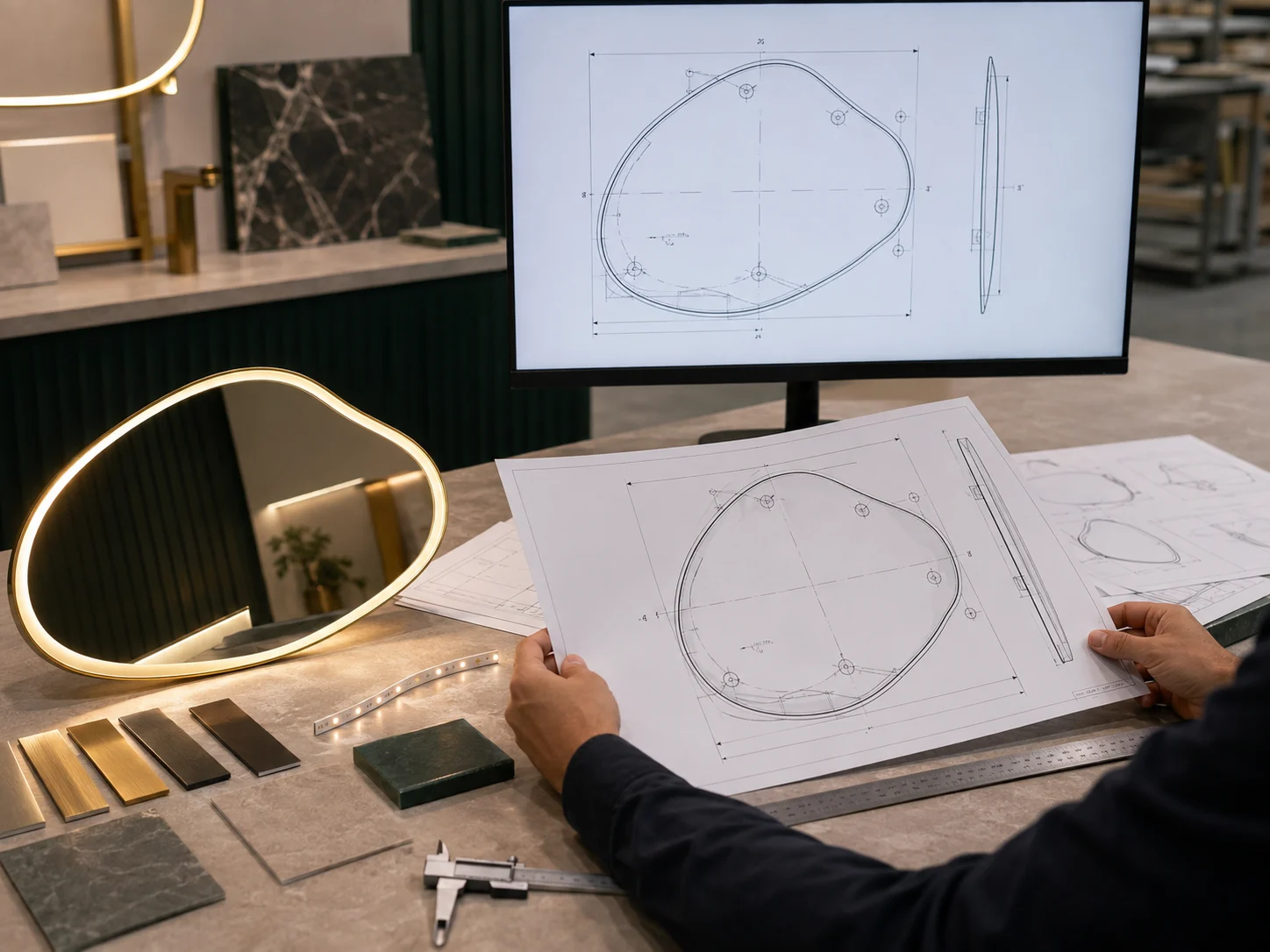 Engineer reviewing an asymmetrical LED mirror sample, technical drawing, lighting path and finish swatches