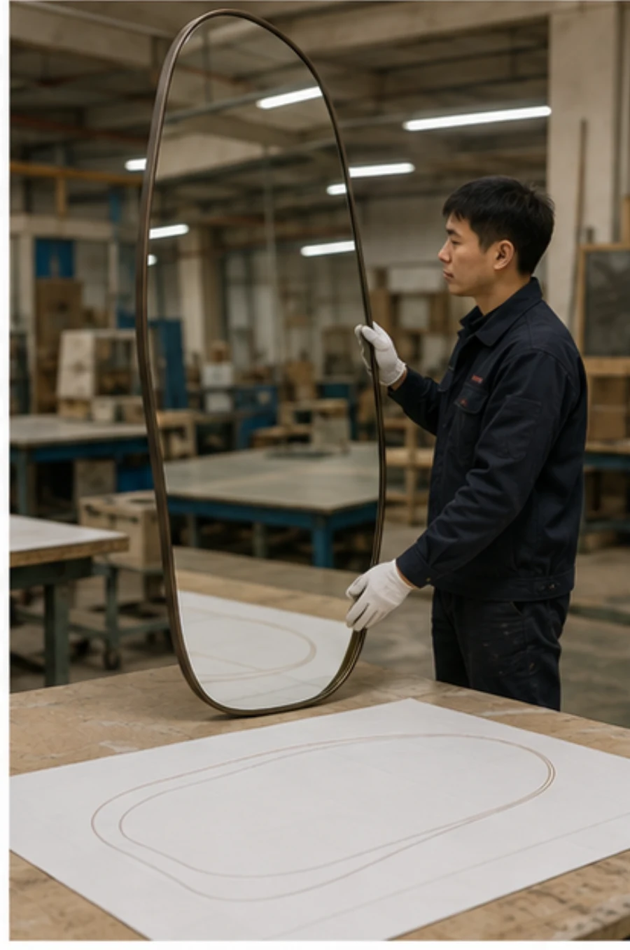 Technician reviewing an asymmetrical mirror prototype against a technical drawing
