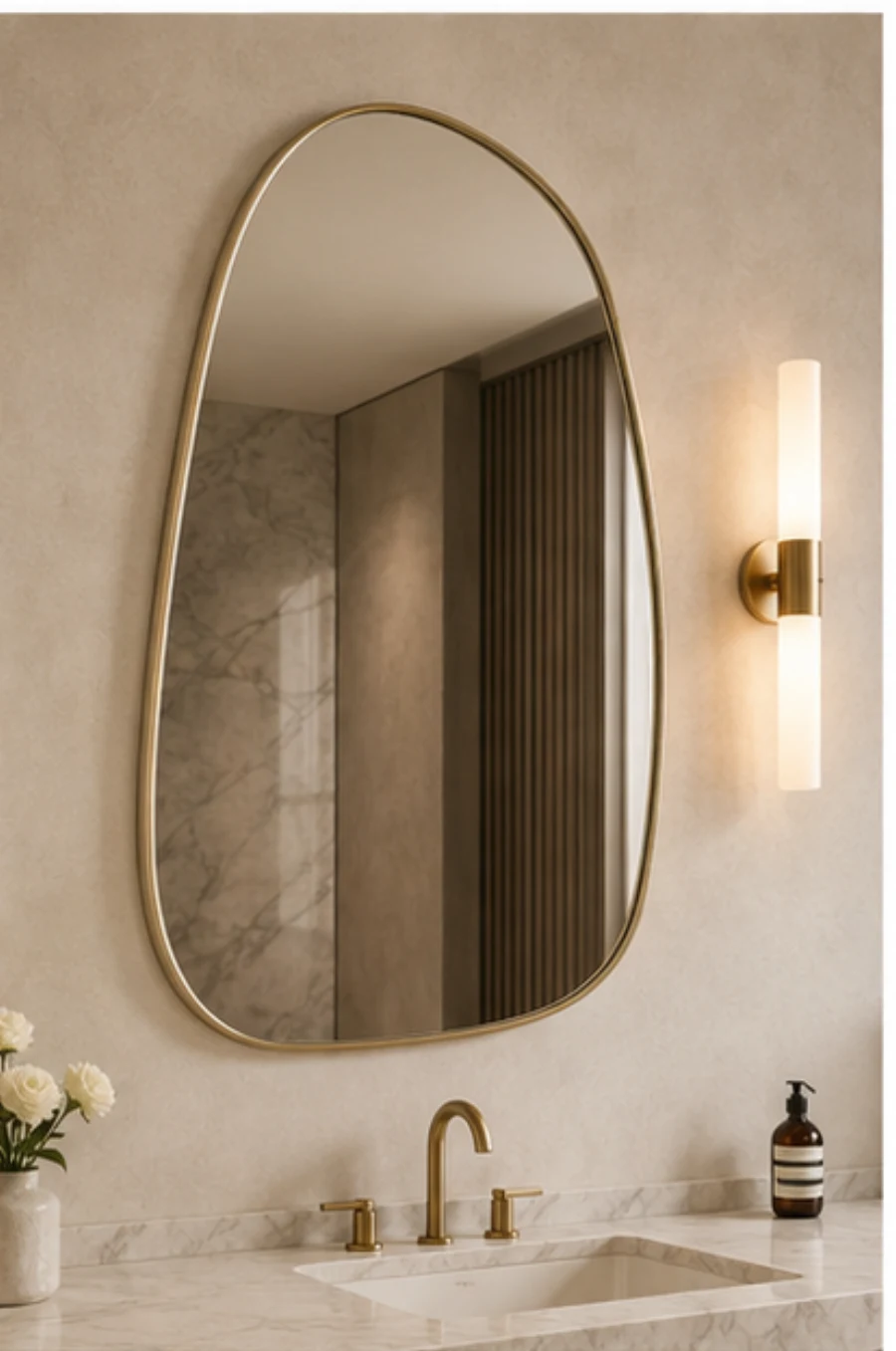 Organic asymmetrical mirror with a slim champagne metal frame