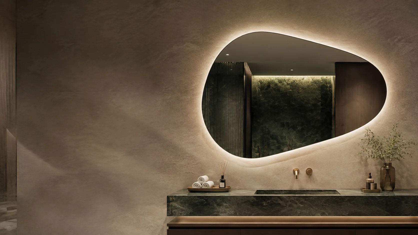 Custom asymmetrical backlit mirror in a premium hotel bathroom