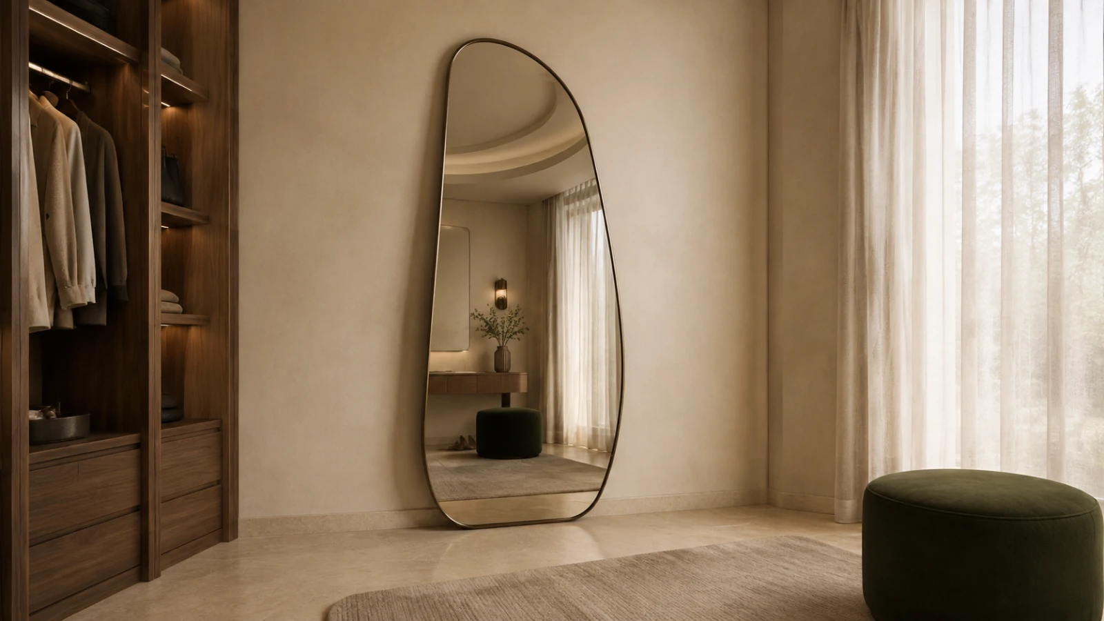 Tall decorative asymmetrical mirror in a refined dressing room