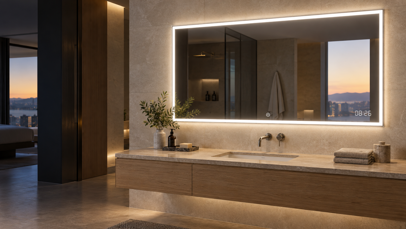 Wide LED bathroom mirror with an integrated digital clock in a hotel-style bathroom