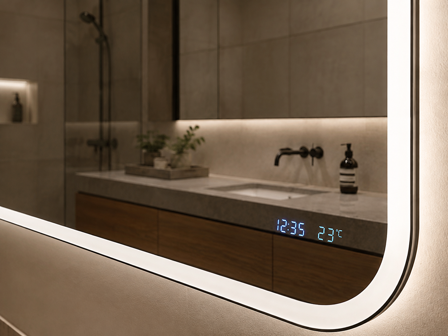 Close view of an LED bathroom mirror showing a digital clock and temperature display