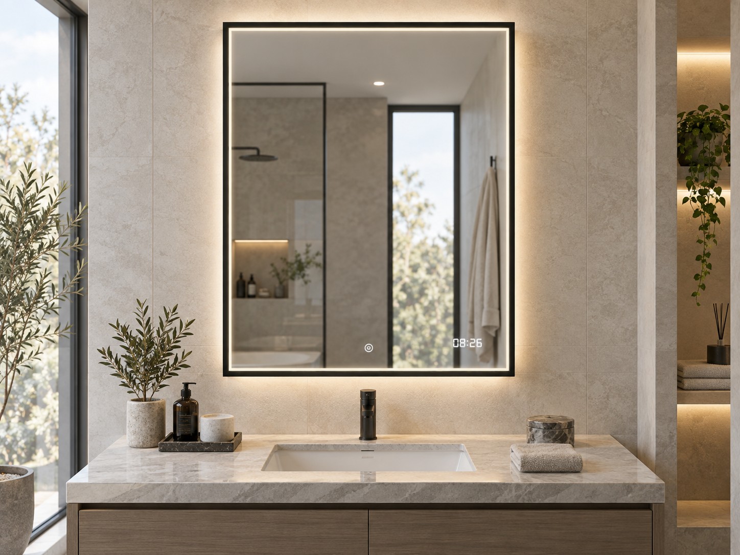 Black framed LED bathroom mirror with an integrated digital clock
