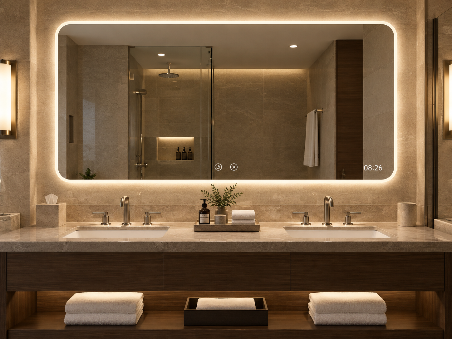 Wide LED bathroom mirror with digital clock in a hospitality bathroom