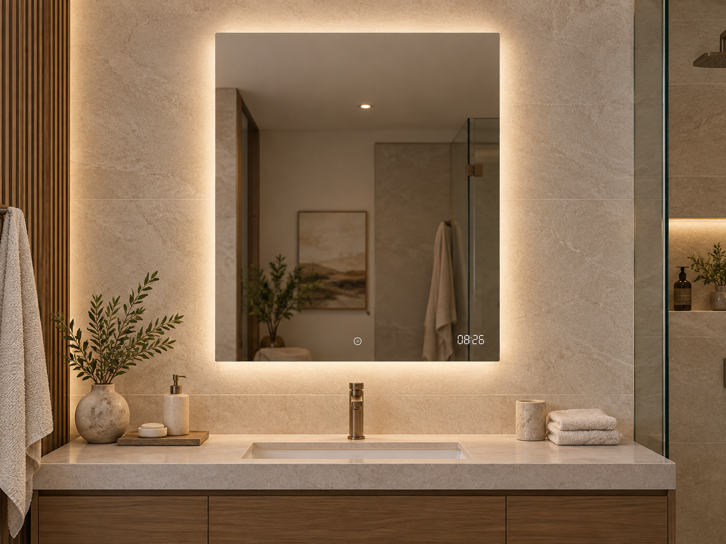 Rectangular backlit bathroom mirror with an integrated digital clock