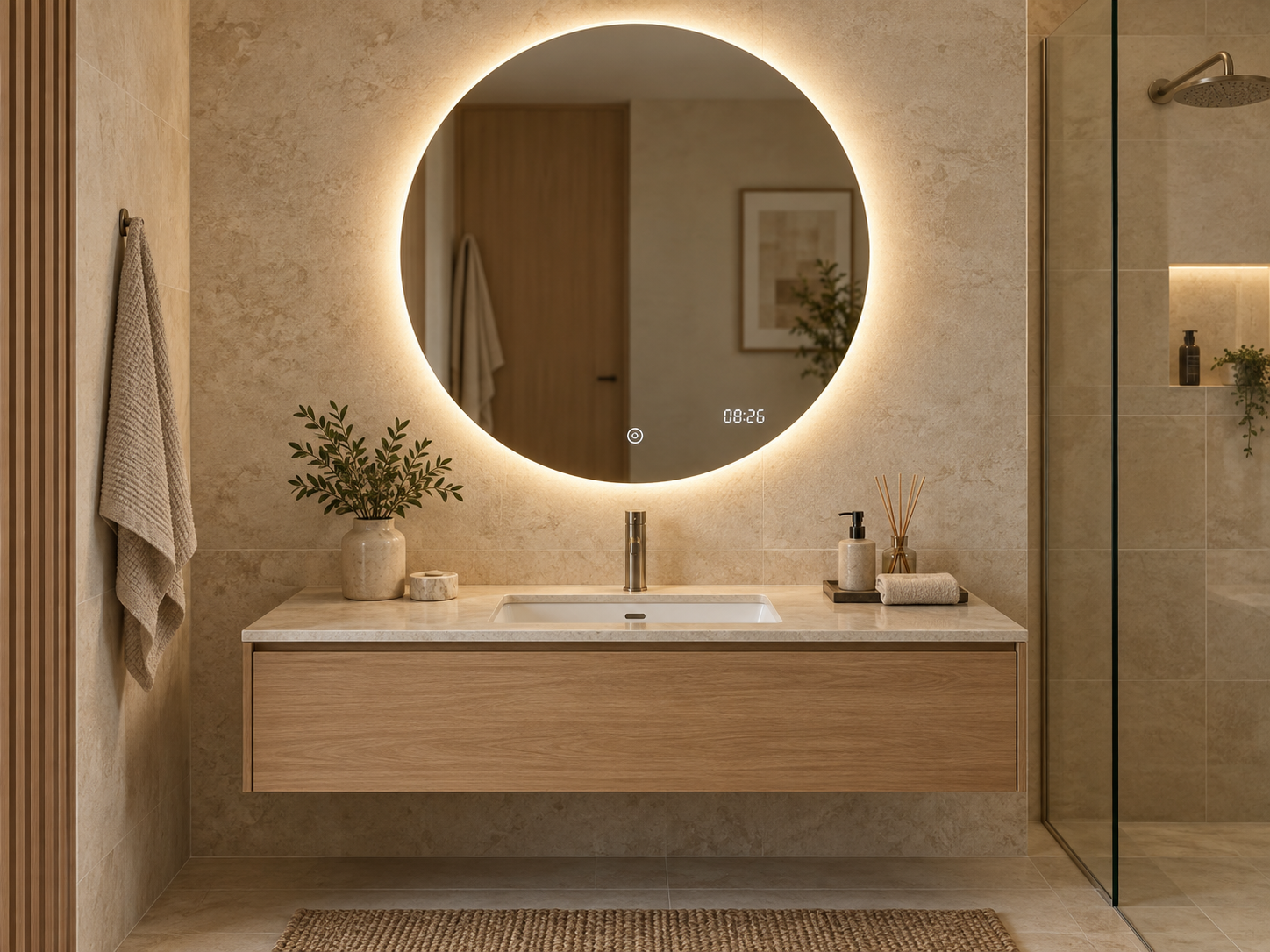 Round LED bathroom mirror with an integrated digital clock