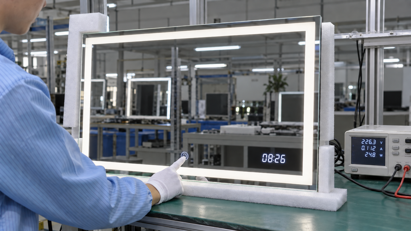 Factory function test of an LED bathroom mirror clock display and touch control