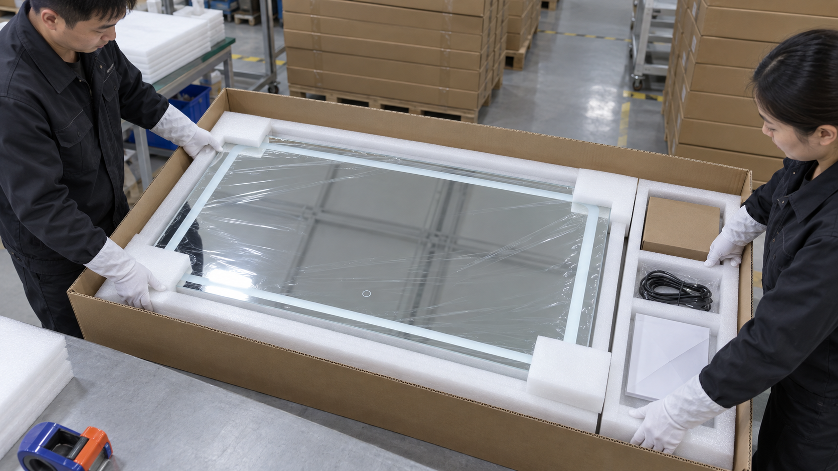 Workers packing an LED bathroom mirror with film, foam and corner protection
