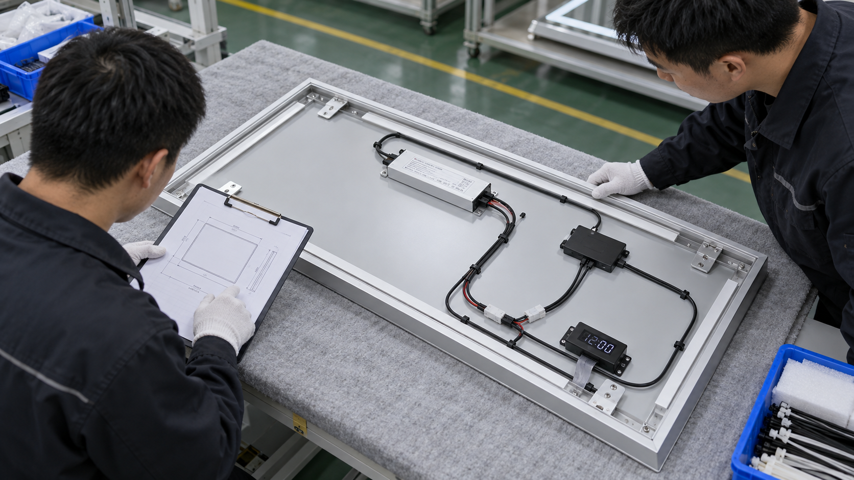 Technicians reviewing LED mirror rear modules, wiring and drawing