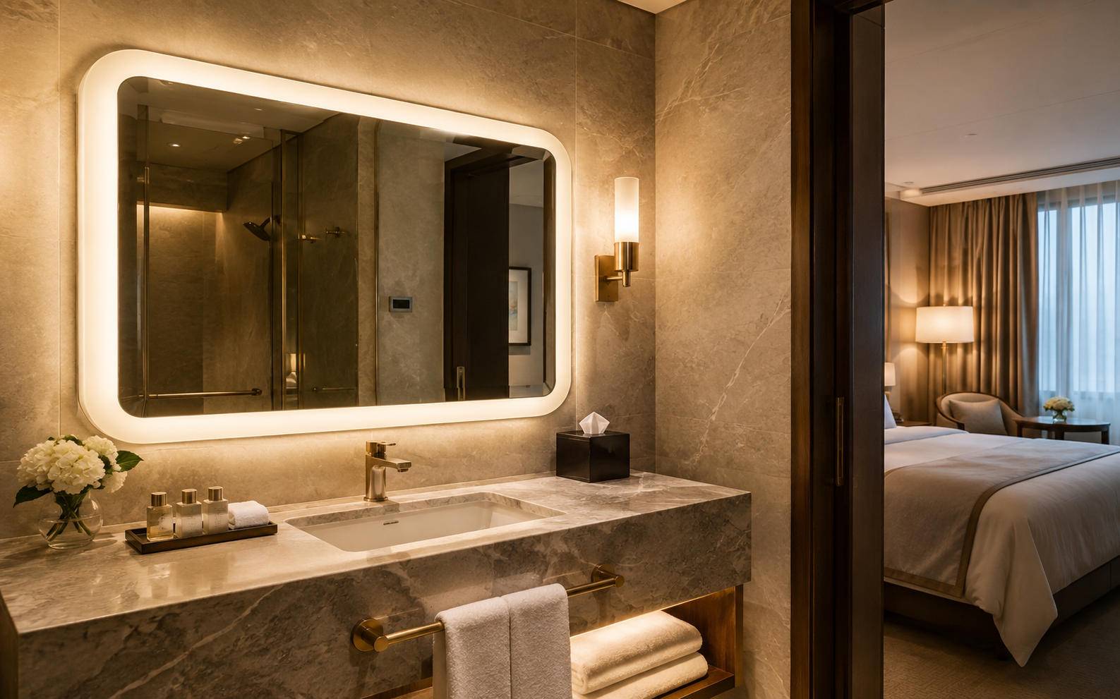 Illuminated bathroom mirror in an upscale hotel guest bathroom