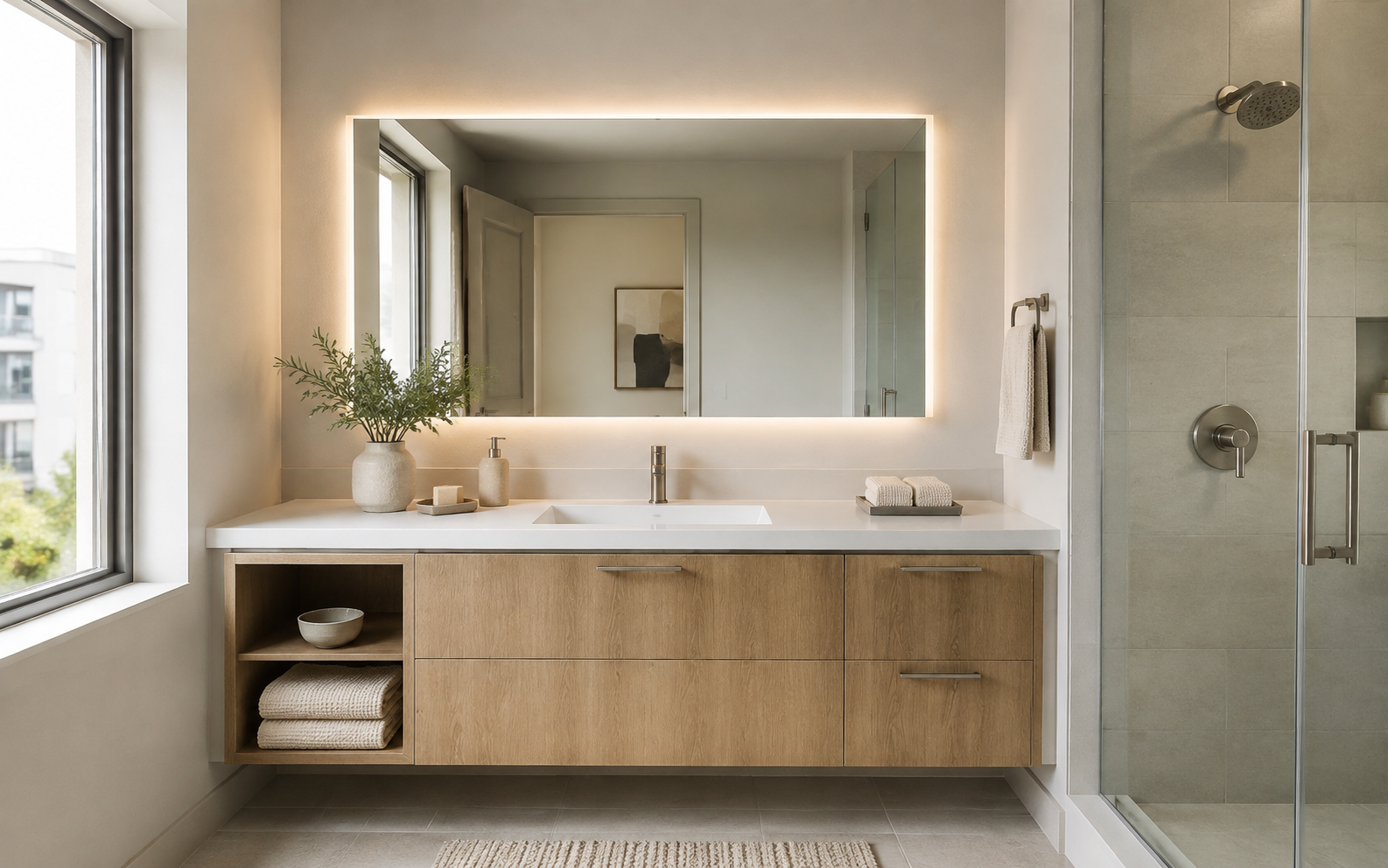 Backlit bathroom mirror in a repeatable apartment development layout