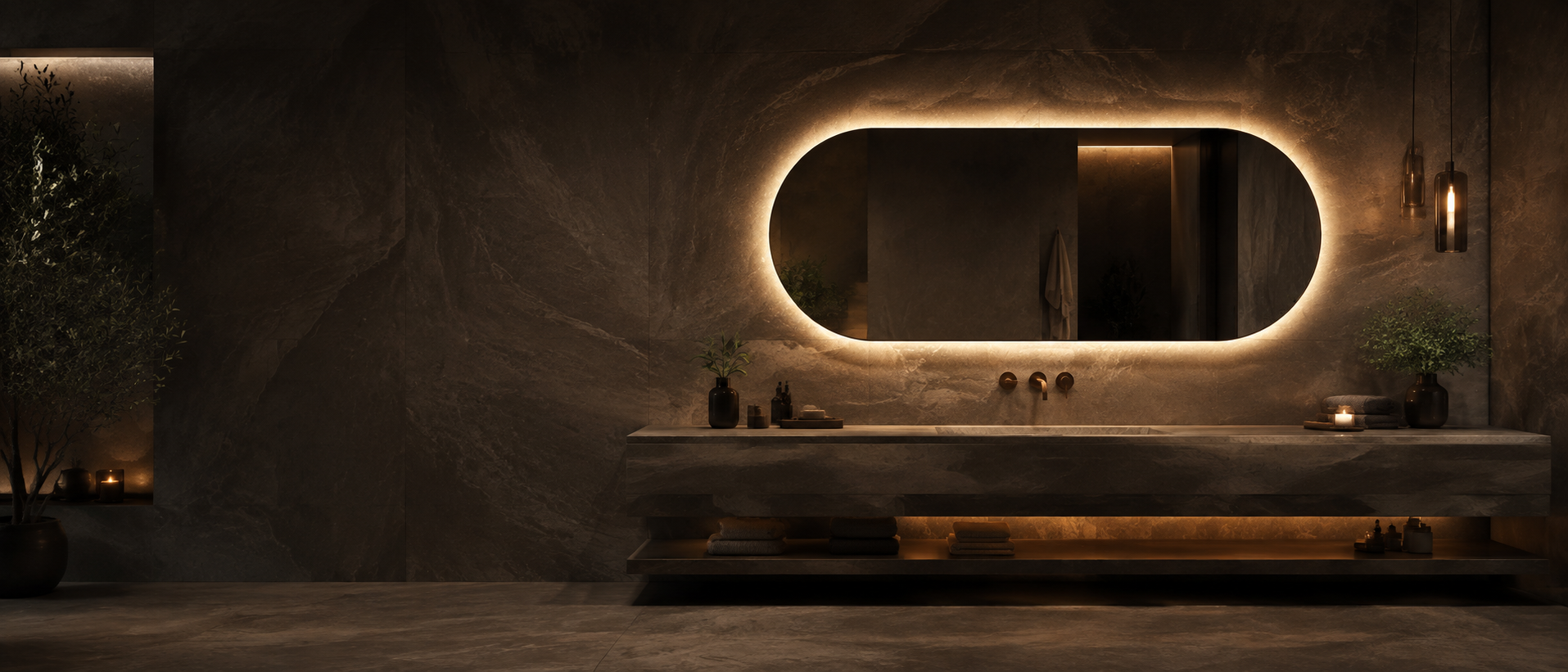 Pill-shaped backlit LED bathroom mirror in a continuous dark stone interior
