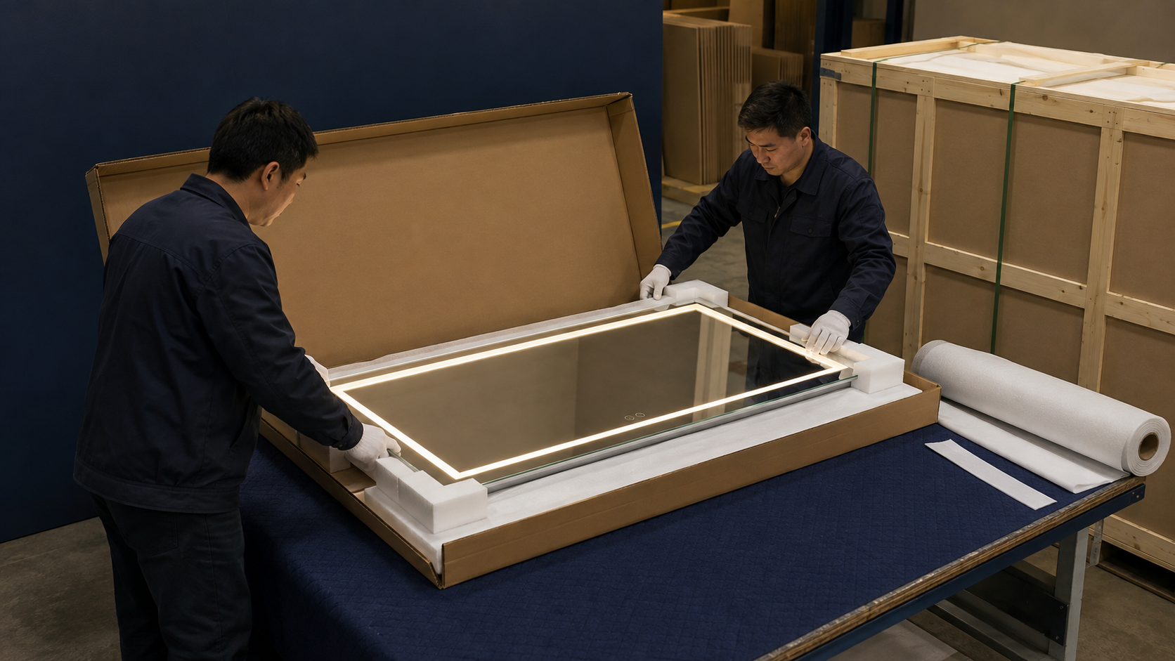 LED bathroom mirror export packaging with foam corner protection and reinforced wooden crates