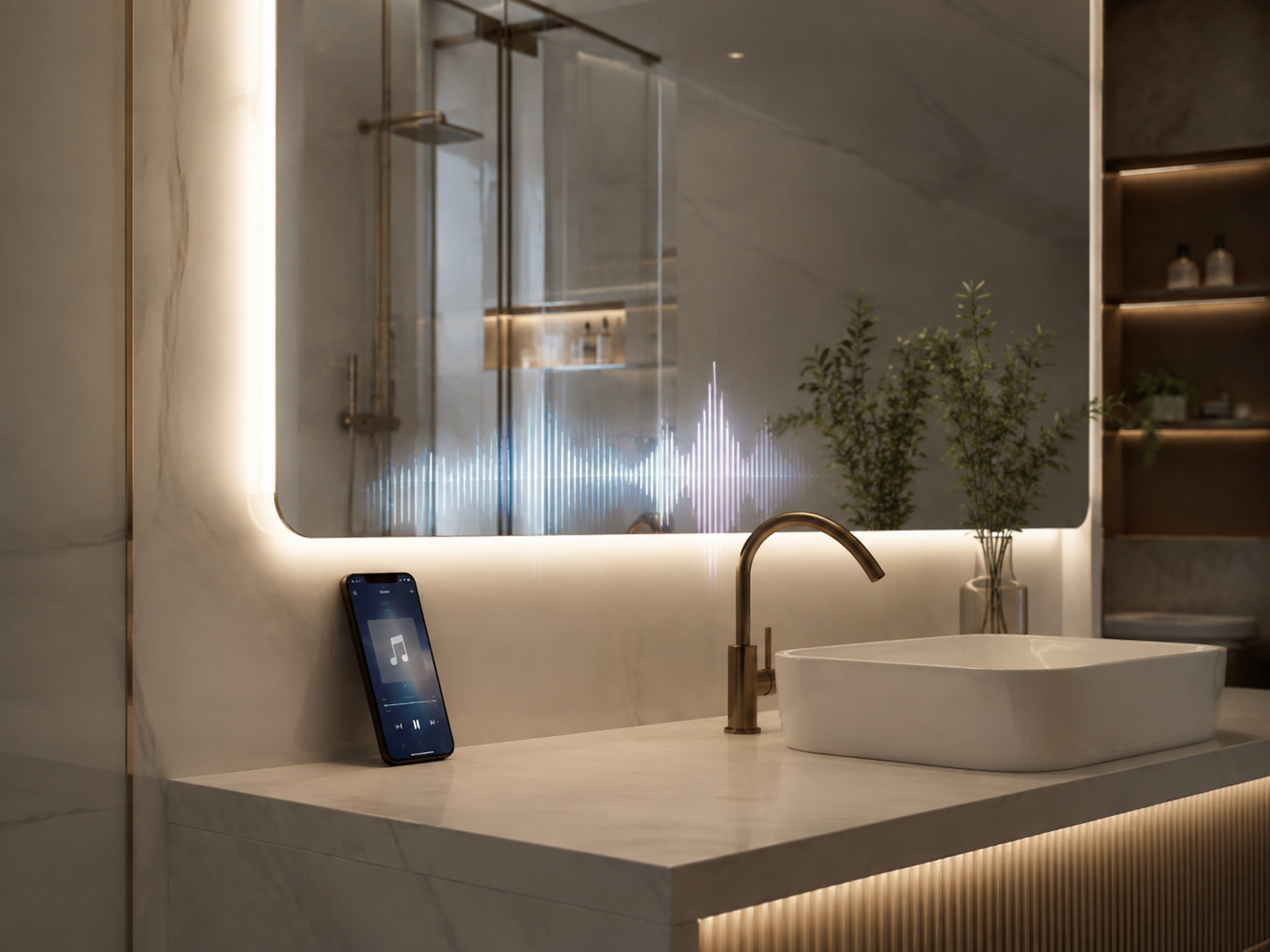Bluetooth audio control beside an illuminated bathroom mirror