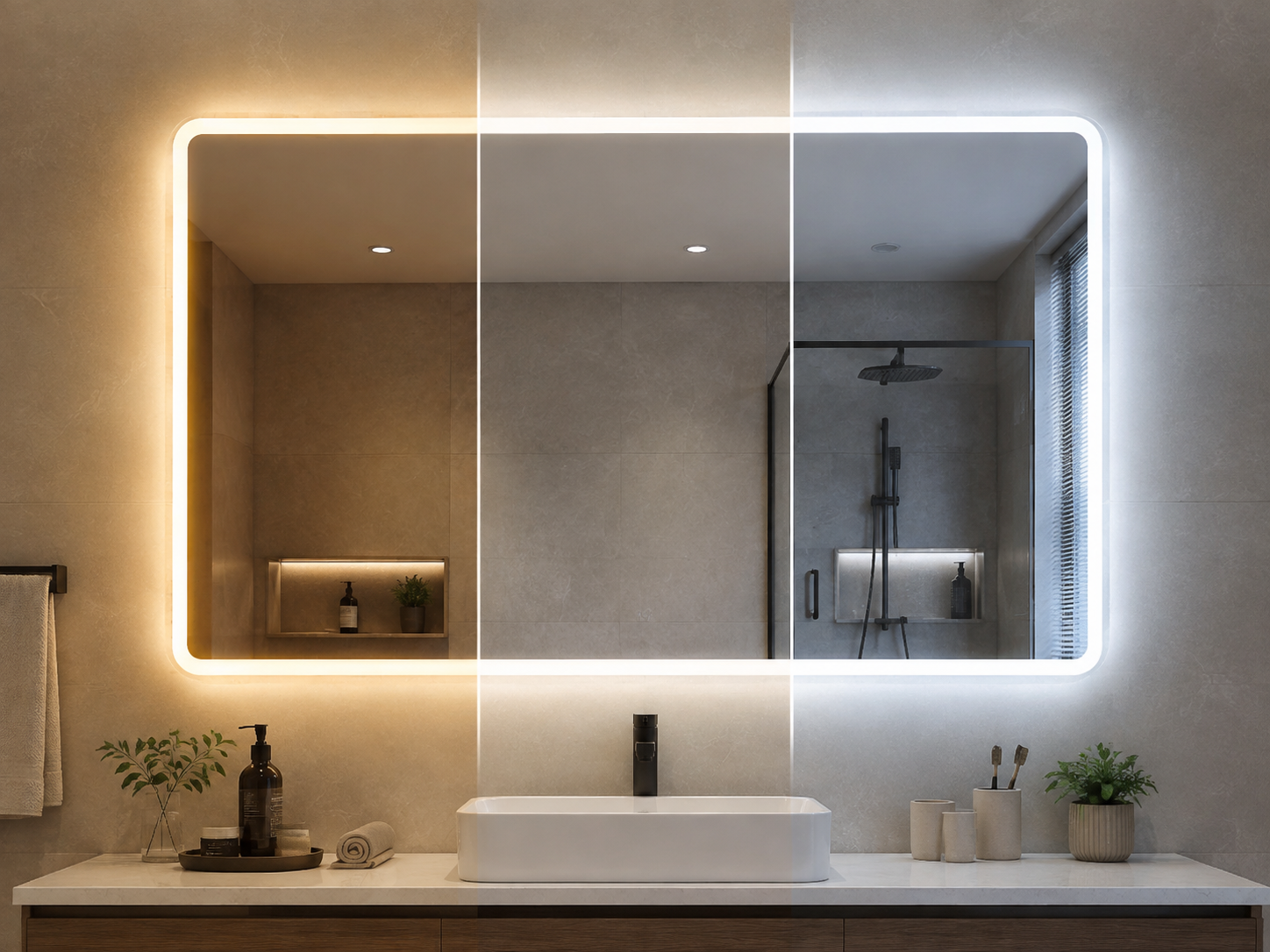 Bathroom mirror showing warm neutral and cool color temperatures