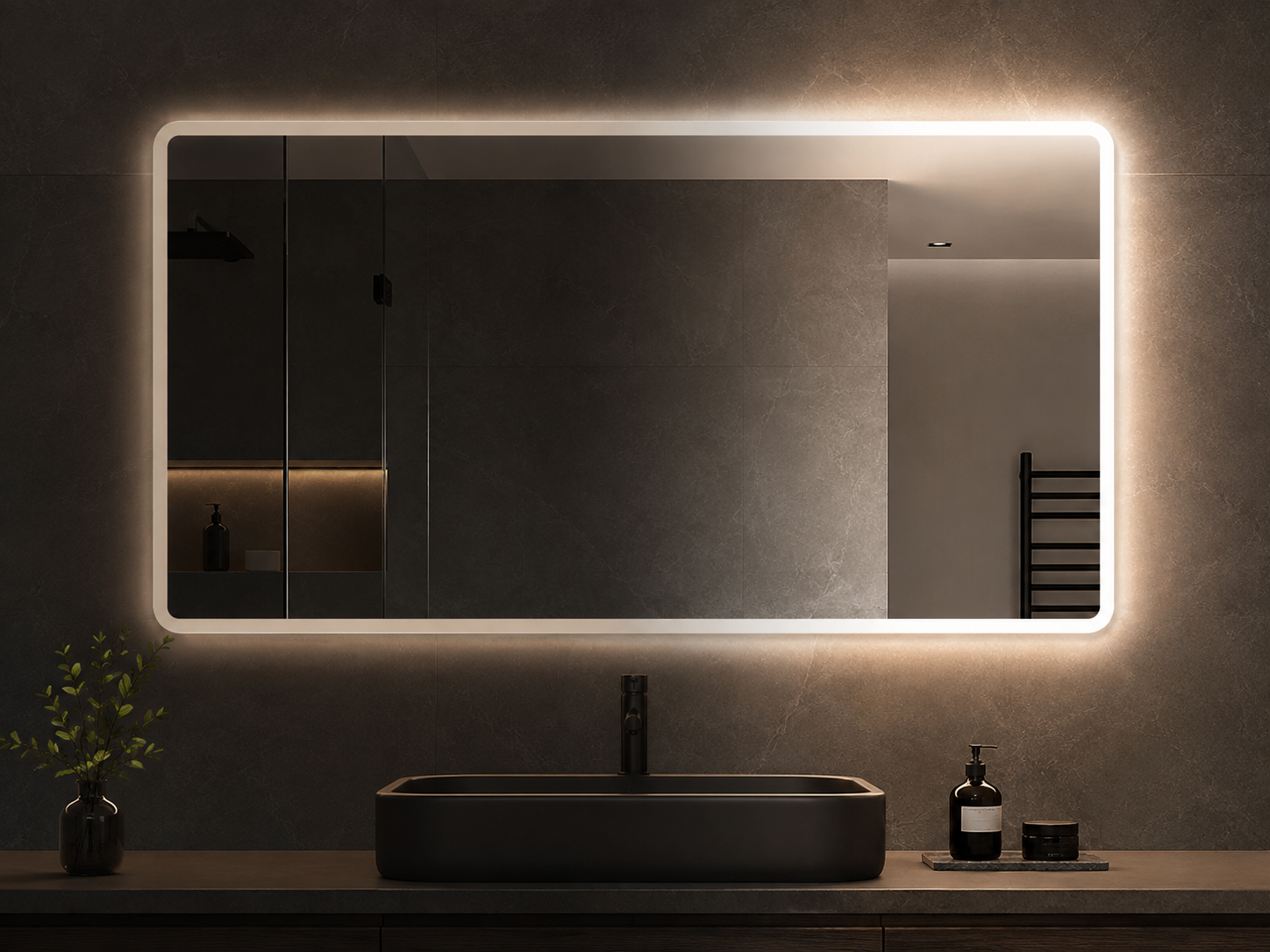 Dimmable LED bathroom mirror at different brightness levels