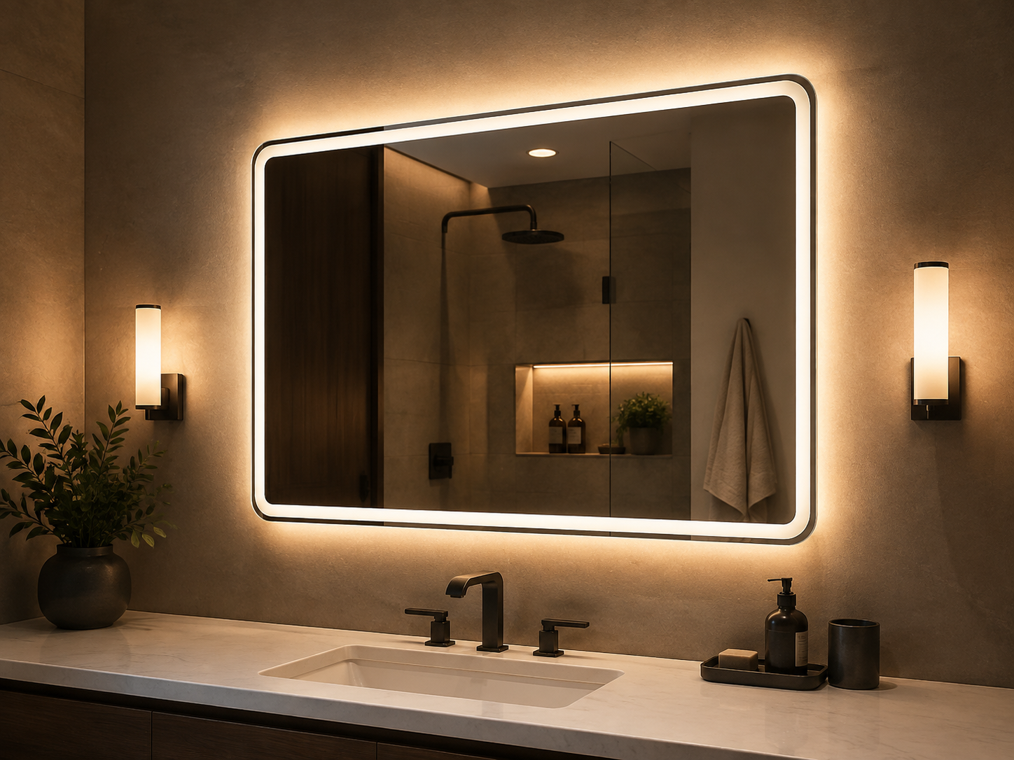 Bathroom mirror combining front lighting and ambient backlighting