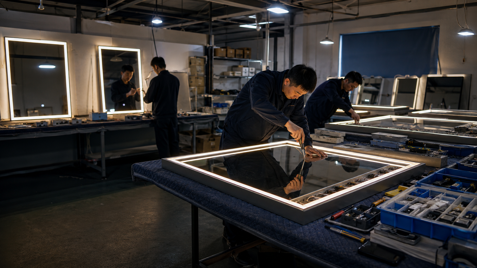LED bathroom mirror assembly and lighting inspection workshop
